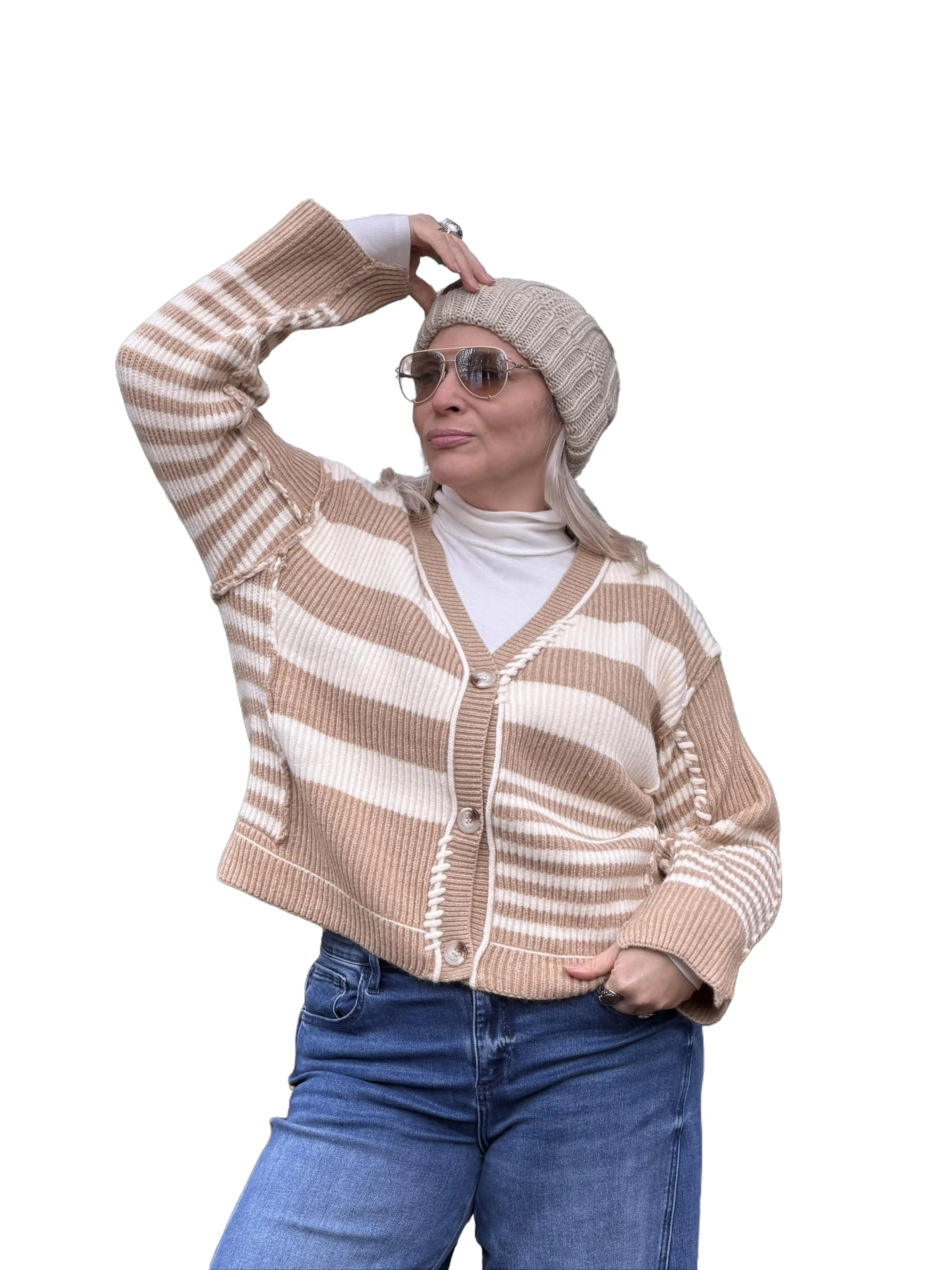 Stone & Cream Cardigan - Striped Knitwear for Women, Casual Style, Long Sleeve, Fitted Design, Neutral Stone and Cream Colors, Versatile Layering Piece, Elegant and Chic