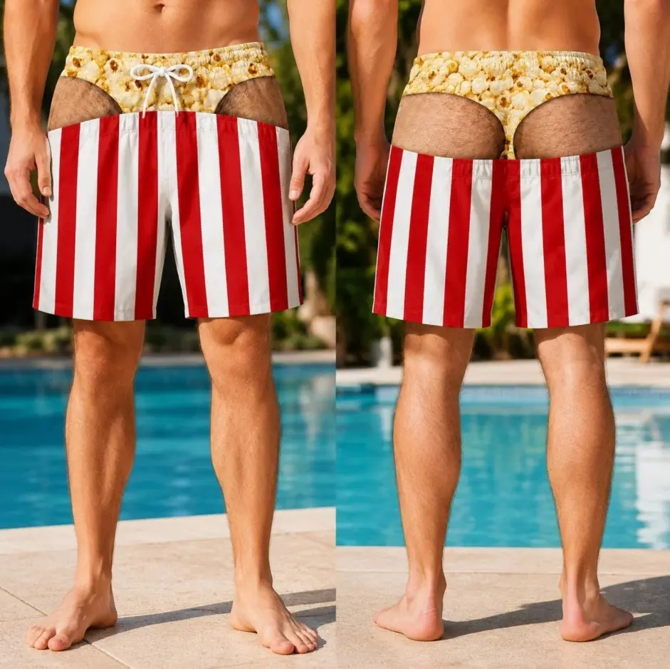 Funny Popcorn Swim Shorts Men Peekaboo Front Back Butt Beach Party Gag S-5XL
