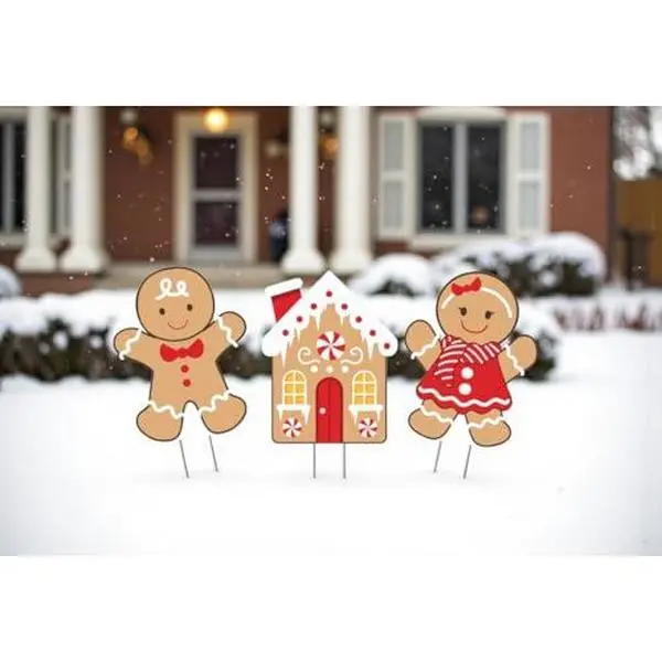 Gingerbread Yard Signs Set of 3 Assorted Designs, Outdoor Waterproof PVC Christmas Decor, Lawn Decorations for Walkway Garden Pathway