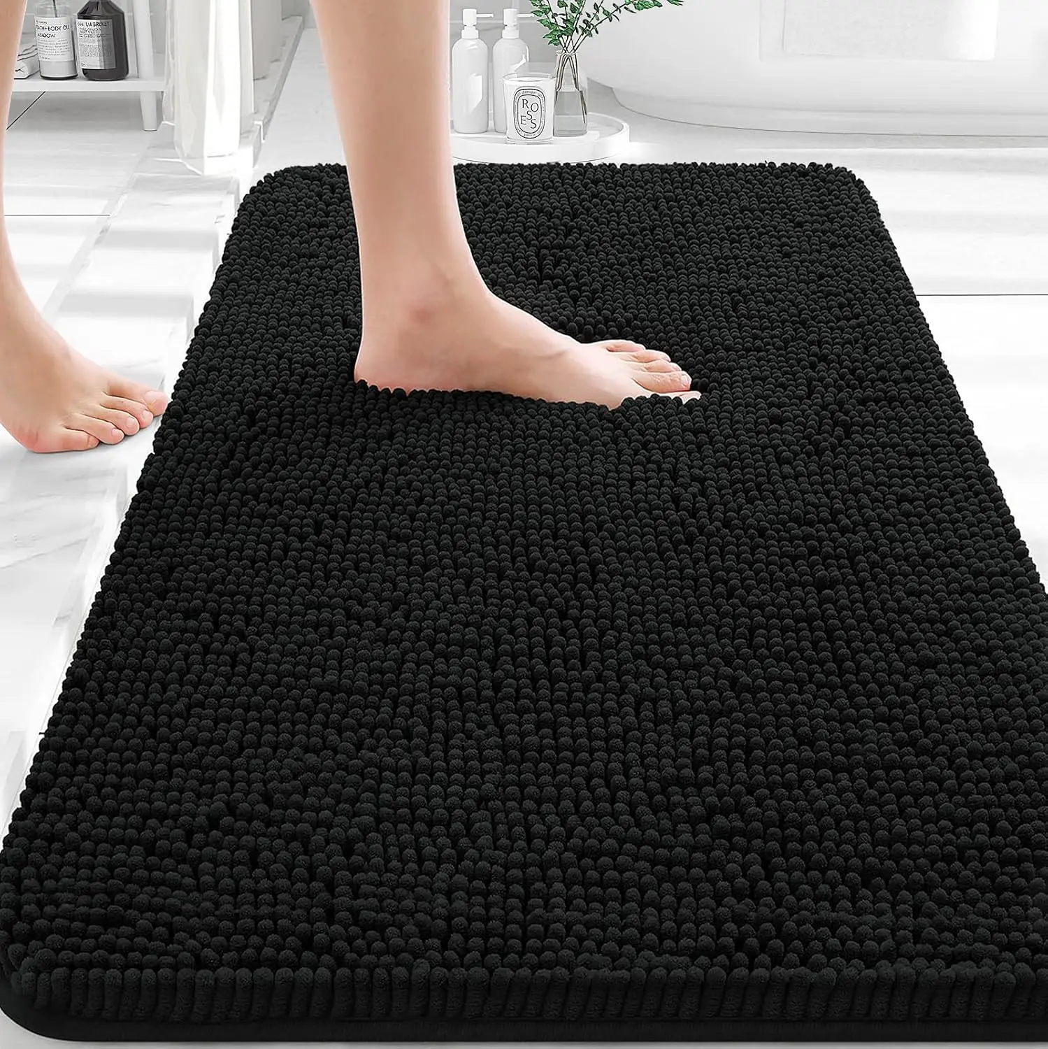 Black Bathroom Rug 30x20, Extra Soft Absorbent Chenille Bath Rugs, Rubber Backing Quick Dry, Machine Washable Bath Mats for Bathroom Floor, Tub and Shower, Home Decor Accessories