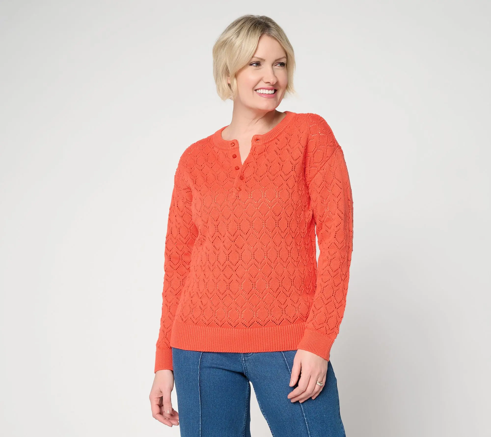 Me by Jennie Garth Slouchy Pointelle Henley Sweater