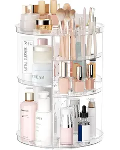 Rotating Makeup Organizer, Cosmetic Display Case with Brush Holder Perfume Tray, Multi-Function Storage Carousel for Vanity Bathroom Countertop