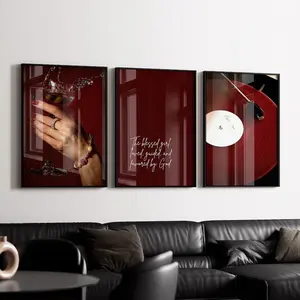 Dark Red Luxury Wall Art Set of 3, Trendy Martini & Vinyl Record Prints, Classy Home Decor, Elegant Burgundy