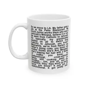 Queen of Melrose “My Father Gets a Job at the Palm Restaurant” Mug, Funny Story Paragraph Ceramic Coffee Mug 11oz, Minimal Black Text Cup, Literary Humor Mug, Unique Gift