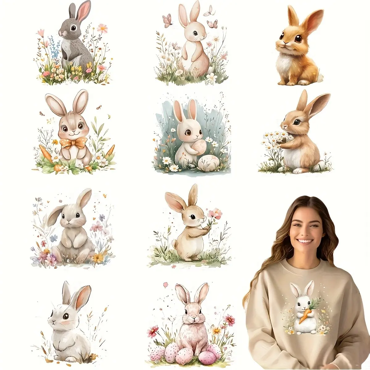 12 Cute Cartoon Easter Bunny Stickers, Washable DIY Decals for T-Shirts, Jeans, Backpacks, Vibrant Spring Floral Designs