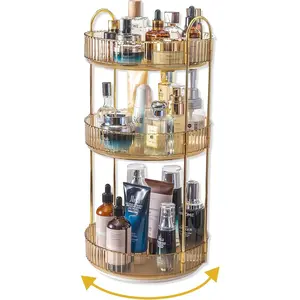 360 Rotating Makeup Organizer for Vanity,3 Tier Large Capacity Vanity Storage,Skincare Perfume Spinning Organizer,Bathroom Cosmetics Storage Makeup Stand Organizer (Gold-3 Tier)