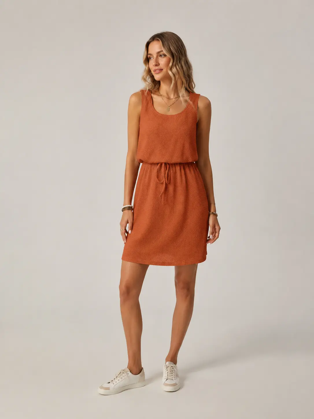 2026 Summer Women U Neck Sleeveless Tank Dress, Drawstring Waist Textured A Line Midi Dress, Casual Lined Everyday Summer Dress