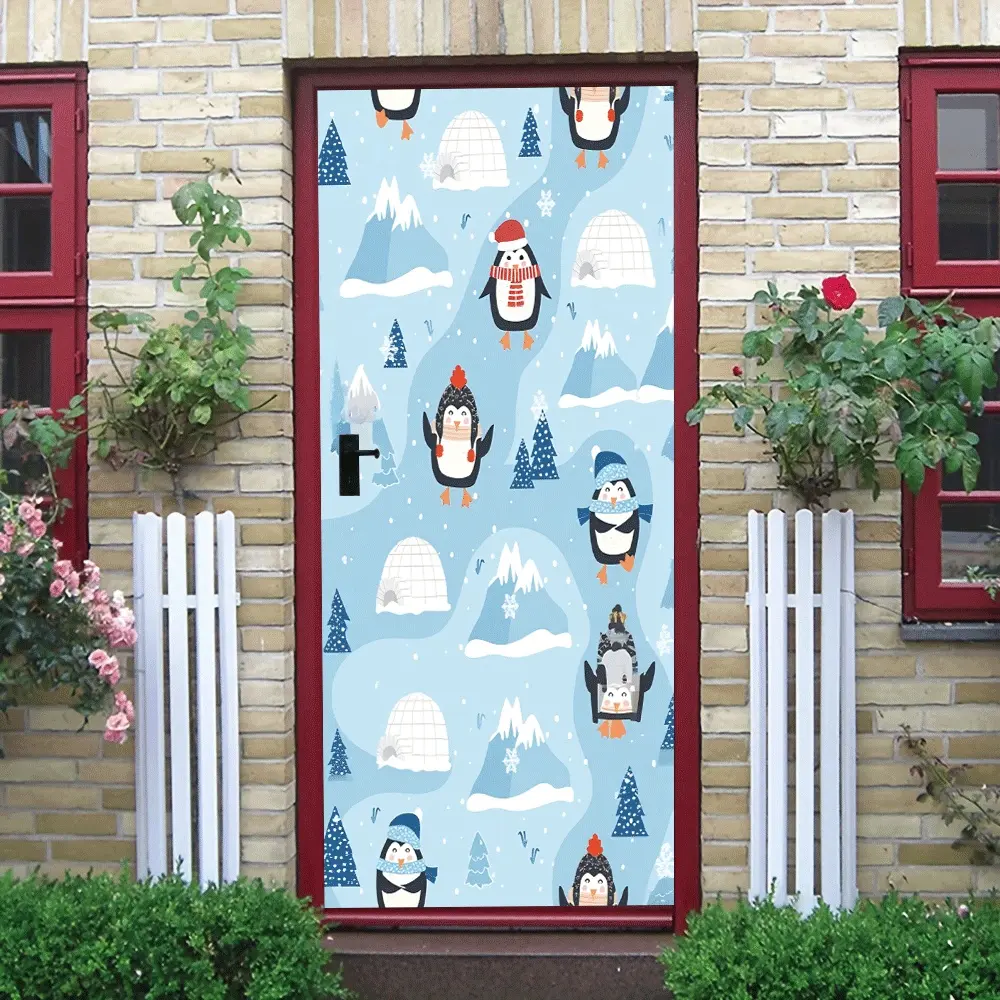 2pcs Winter Cartoon Penguin Wall Stickers Kids Room Bedroom Decor Christmas Theme Self Adhesive Wallpaper Cute Animal Arctic Elements Kindergarten Wall Decoration Removable Eco Friendly Stickers