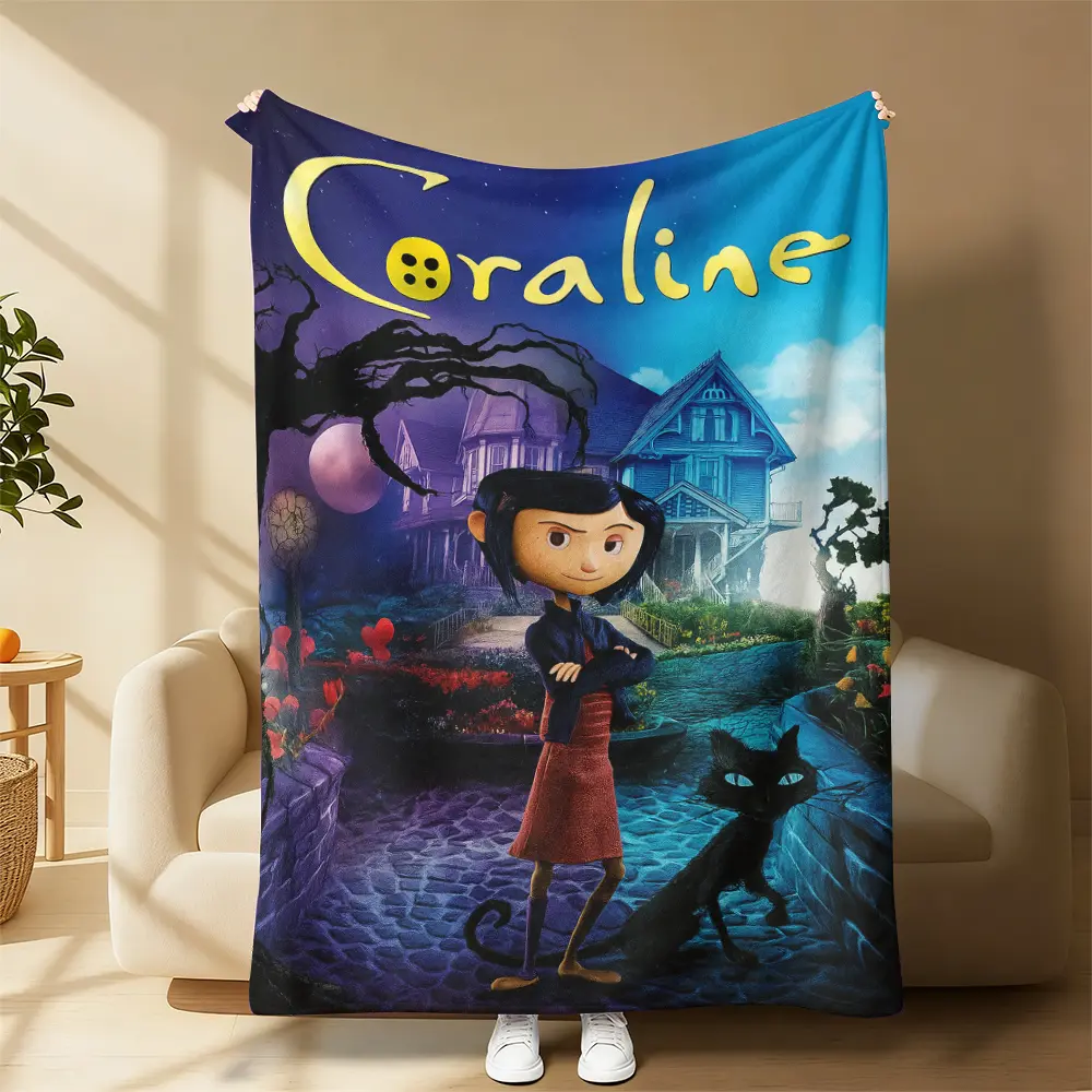 Coraline Cartoon Print Flannel Throw Blanket - Warm, Soft All-Season Bedding with Contemporary Look, Other Special Features for Indoor Use, Ideal Birthday Gift for Anime Fans, Coraline Blankets, Flannel Fabric