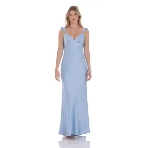 Lucy In The Sky Satin Ruffle Open Maxi Dress in Light Blue