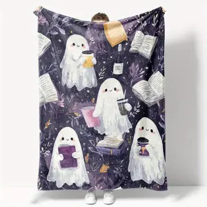 1Pc Cozy Halloween Throw Blanket - Spooky Ghosts Reading Books Design, Lightweight & Durable Acrylic, Purple Background With White Ghosts, All-Season Soft Flannel Bedspread, Machine Washable Contemporary Style For Sofa Or Bed Decor