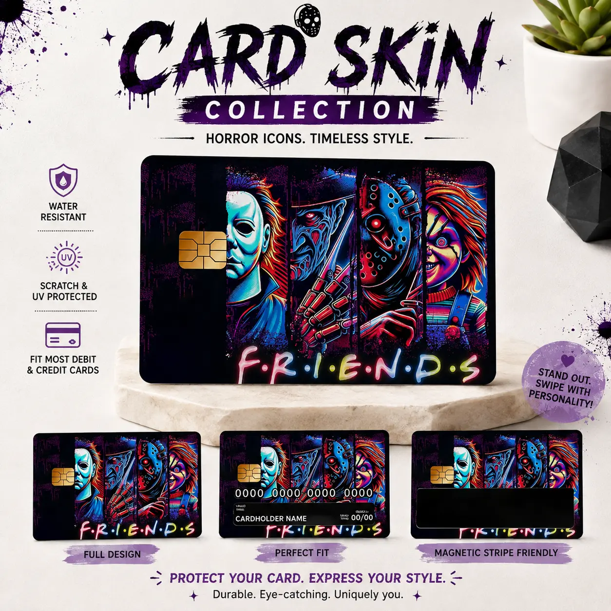 Horror Friends Card Skin, Slasher Icons Credit Debit Card Sticker, Retro Scary Movie Card Cover, Halloween Gift for Horror Fans