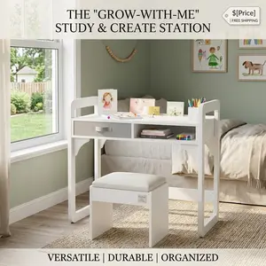 Garvee Kids Desk and Chair Set – Wooden Study Table with Cloth Drawers & Pen Holder – Ideal for Boys and Girls – Perfect for Home Learning or Playroom – Available in Blue White or Pink