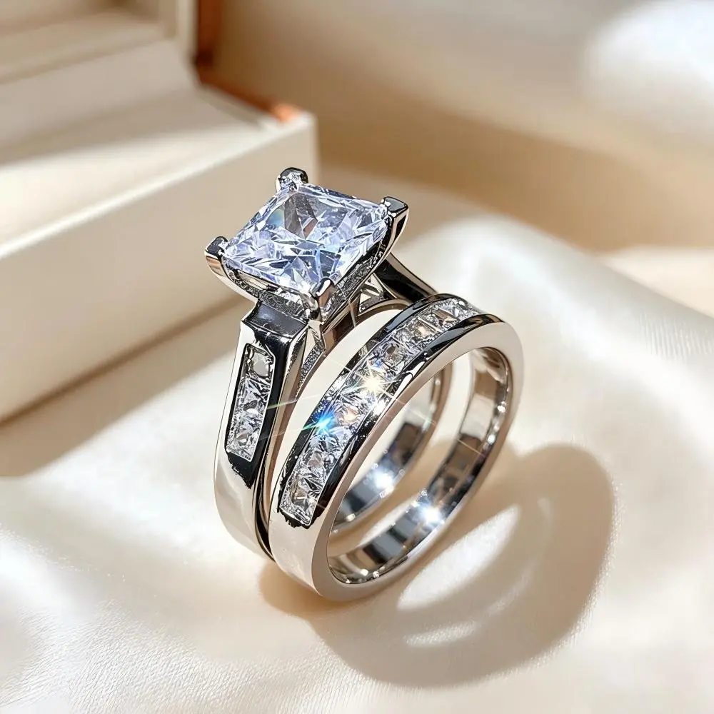 Princess Cut Bridal Ring Set, Two Piece Wedding Engagement Band, White Tone with Side Stones, Ideal for Bridal & Anniversary