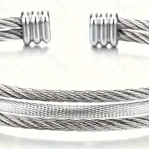 Stainless Steel Adjustable Cuff Bangle - Men Women Twisted Cable Bracelet