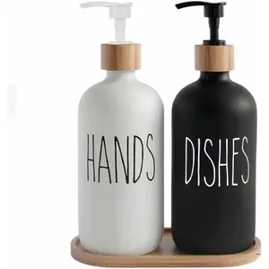 Soap Dispenser Set for Kitchen Sink - Hands & Dishes Bottles with  Tray and Pump - Refillable Modern Black and White Containers for Hand and Dish Soap - 2 Pack (White & Black)