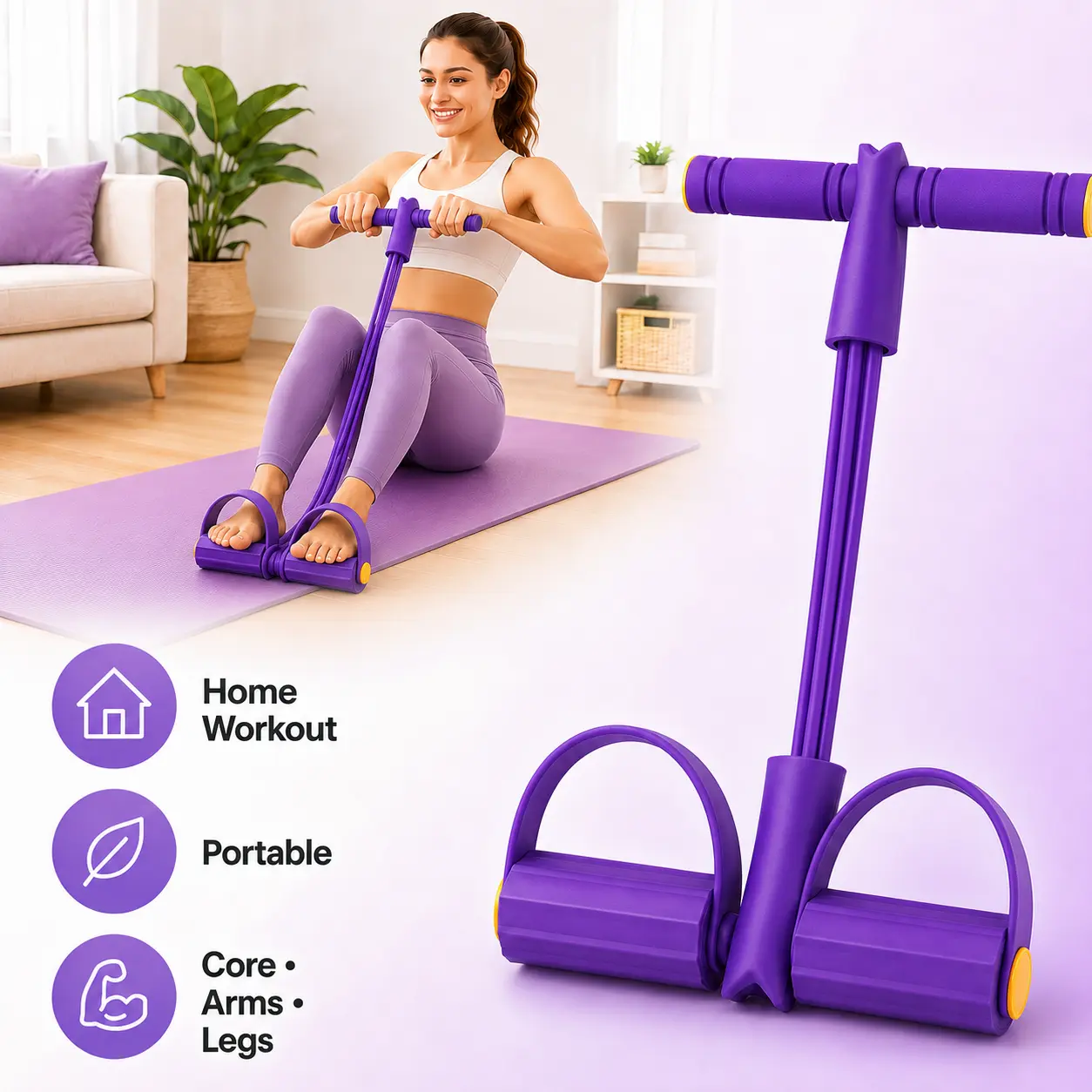 6-Strand Heavy Duty Abdominal Crunch Fitness Equipment – Leg & Core Workout, Sit-Up Assist, Home Gym Exercise, Non-Slip Foot Pedal & Resistance Bands (Portable) ab roller wheel ab roller