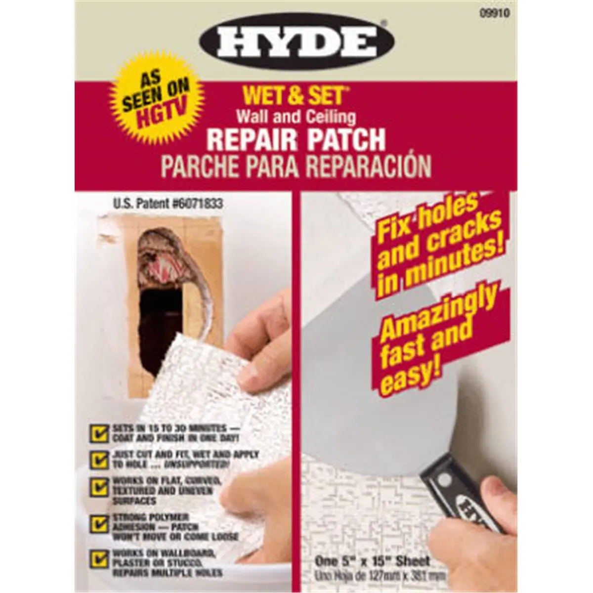 Hyde Tools 09910 5x15 in Rectangle Drywall Repair Patch - Drywall Solution for Fixing Holes and Cracks in Minutes, Painted Wood, Wall and Ceiling, Stucco & Plaster Patching, 0.09 lbs, Fix Holes And Cracks In Minutes