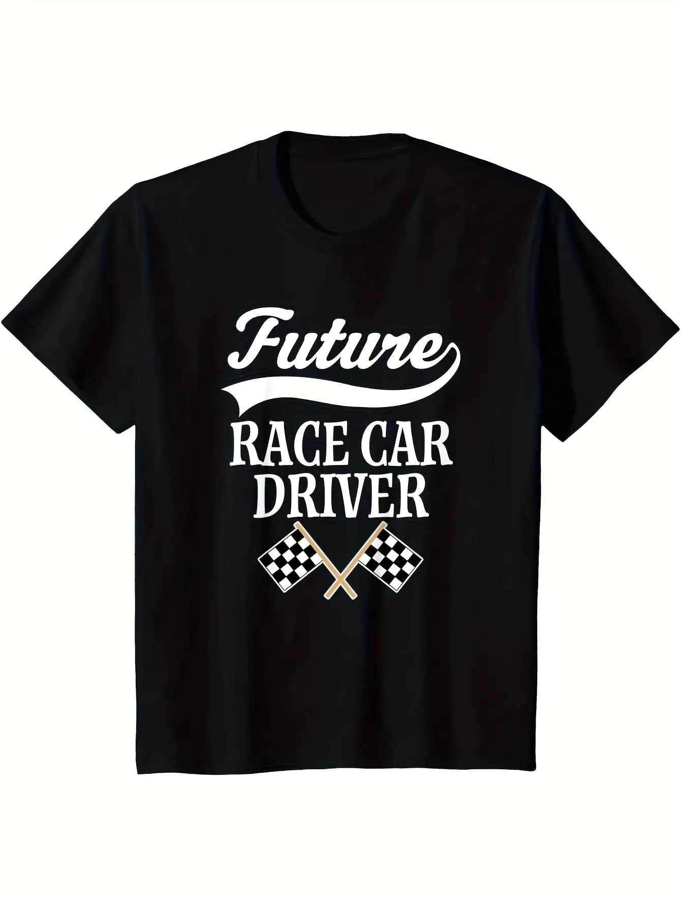"Future Race Car Driver" Graphic Cotton T-Shirt - Black Short Sleeve Casual Tee with Checkered Flags, Regular Fit Machine Washable Top & Teens, T Shirt, Teenage Clothing, Checkered Flag Design, Comfortable Youth Apparel