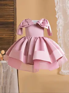 Girl's Contrast Mesh Big Bow Decor Fit and Flare Dress, Elegant Sleeveless Round Neck Tiered Layer Dress for Party Wedding Guest, Kids Clothes for All Seasons, Spring Dresses