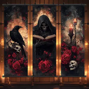 Halloween Hanging Banner, 3 Counts/set Scary Skull Wall Art, Halloween Skeleton Character Wall Decor, Halloween Scary Posters, Halloween Decorations, Wall Decor Flags