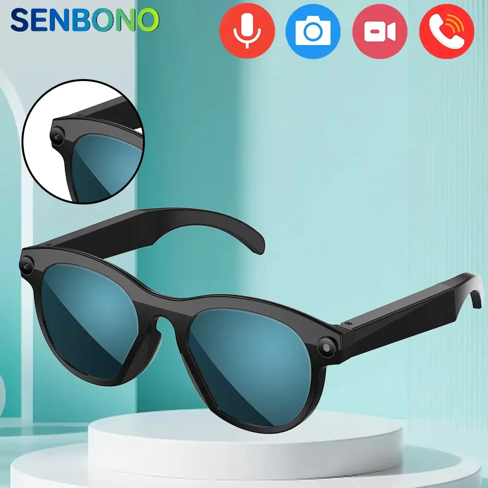 Senbono HD Smart Glasses Camera, Video Recording & Translation, Wireless Calling, Music Playback, Voice Assistant, Portable Sports Eyewear, Multifunctional Audio Sunglasses