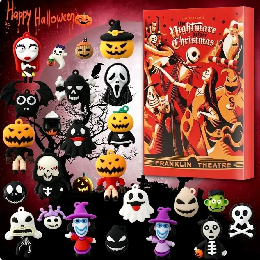24 Days Halloween Advent Calendar Countdown Box, Nightmare Before Christmas & Horror Movie Figure Blind Box, Ghostface Jack Skellington Mini Statue Keychain Surprise Gift