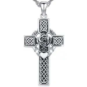 DRINSPER 925 Sterling Silver Cross Pendant Necklace With Celtic Knot Design, Celtic Cross Pendant Necklace with Rose and Irish Claddagh, Cross Necklace Jewelry Gift for Men Women, Religious Jewelry Gifts for Christmas Anniversary Holiday Graduation