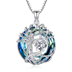 Family Tree of Life Birstone Necklaces for Women, s925 Sterling Silver Irish Celtic Pendant Jewelry with Created Blue Round Austrian Crystal,Christmas Valentines Mothers Day Birthday Gifts for Women Her Girlfriend Wife Mom b0