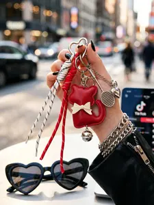 Miu Style Butterfly Knot Cat Keychain, Cute Heart Leopard Pattern Pendant, Casual All-Season Accessory for Bags and Backpacks