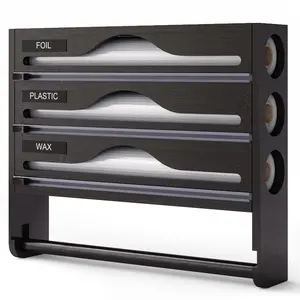 Kitchen Plastic Wrap Cutter Box, 3-in-1 Shelf with Kitchen Paper Rack, Foil Parchment Bamboo Storage Boxes