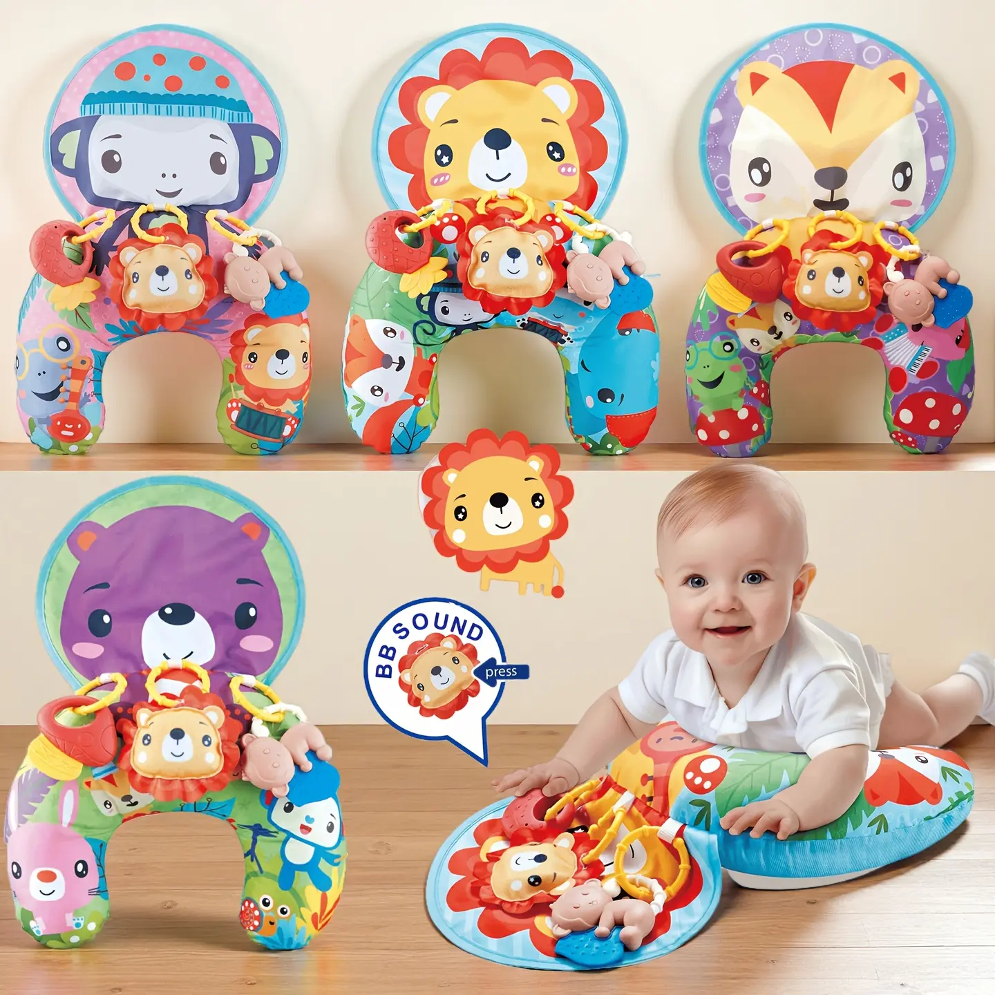 Baby Tummy Time Pillow with Rattles, U-Shaped Learning Pillow Featuring a Colorful Cartoon Theme