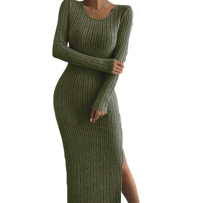 Women's Side Slit Knitted Long Dress 2026 Autumn Winter Crew Neck Long Sleeve Thermal Casual Sports Maxi Dress Hot Selling European American Style Womenswear Casual Wear