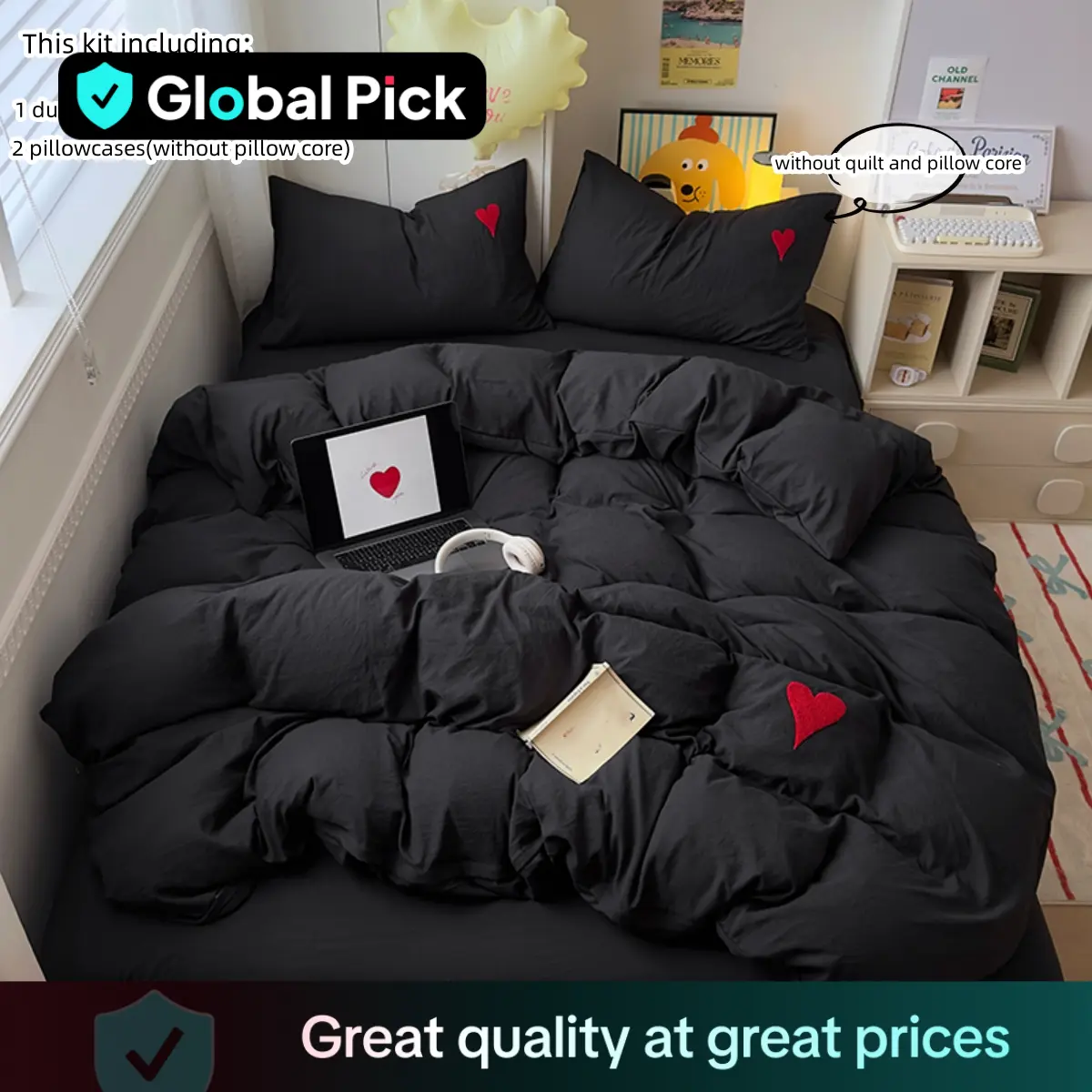 Cartoon Heart Pattern Bedding Set, 3 Counts/set Including Duvet Cover & Pillowcase without Filler, Soft Comfortable Bedding Set for Home Bedroom