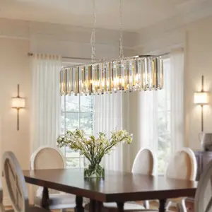 (NEW SKU: W1340P 189407 ) 39" Modern Crystal Rectangle Pendant Chandelier with Chrome Finish – Elegant Light Fixture for Living Room, Dining Room, or Kitchen (Bulb Not Included) gold  chandelier mushroom  shower  lamp UV Print LED Neon Skull Light