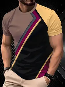 Men's Casual Streetwear Geometric Pattern Polyester Short Sleeve T-Shirt, Slightly Elastic Stretch Knit Fabric, Breathable Comfort, All Seasons Wear