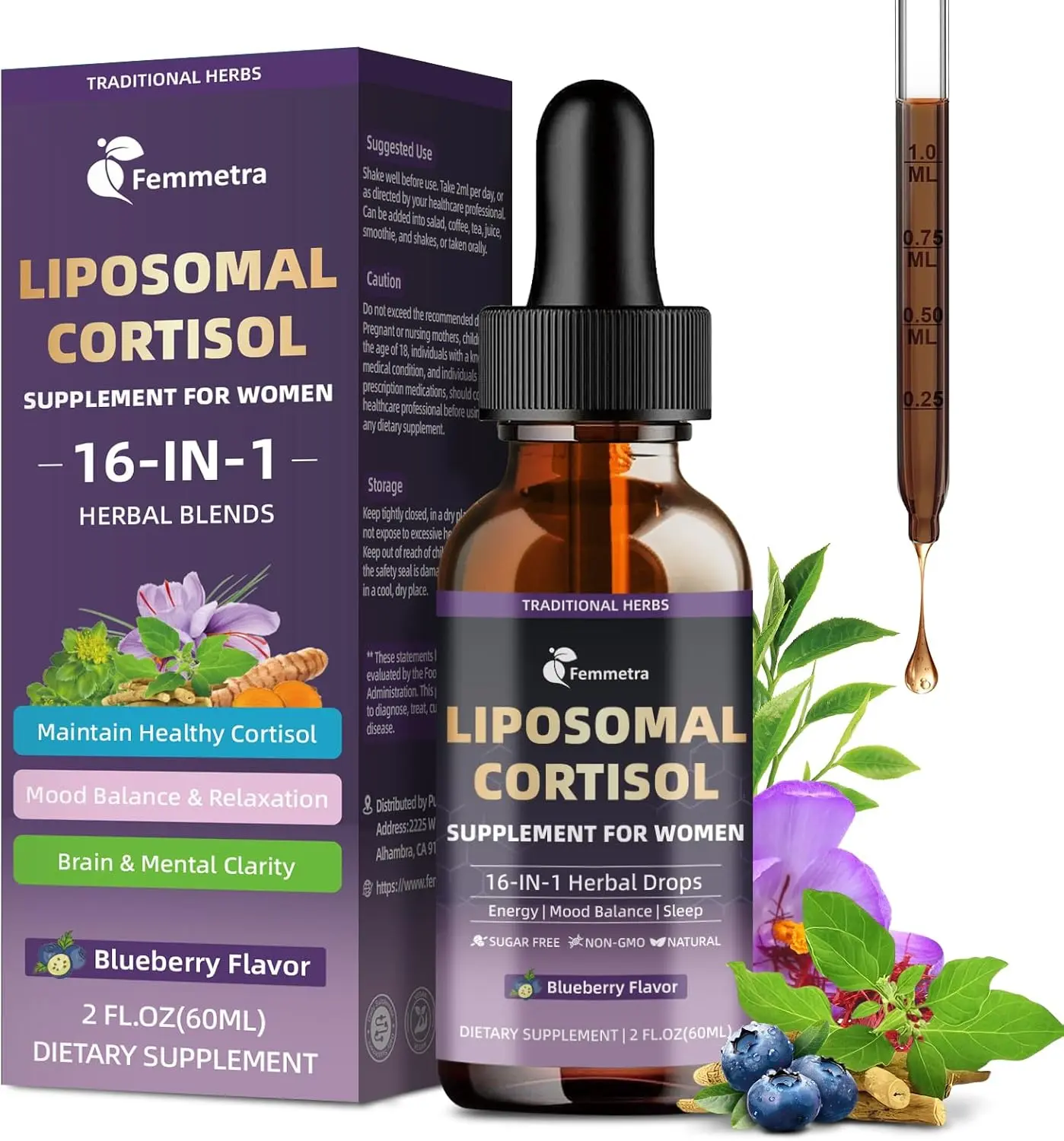 16-IN-1 Liposomal Cortisol Supplements Drops for Women, Melatonin-Free | Cortisol Reducer with Ashwagandha,L-Theanine,Myo-Inositol & Magnesium for Relaxation,Stress & Sleep,Blueberry Flavor, 2 Fl Oz