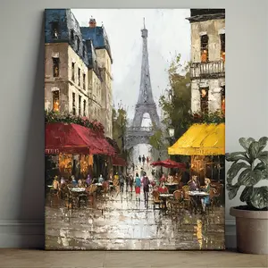 1-piece framed Paris Eiffel Tower French Bistro Wall Art - Cartoon-style Paris street scene oil painting, square canvas print with wooden frame, suitable for office and cafe decoration - French-themed gift, 2D flat design