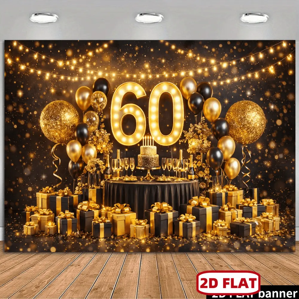 2D Flat 60Th Starry Celebration Backdrop, Warm Light Lantern Cover Black Golden Background, Glowing Number 60 with Black Golden Balloons, Double-Layer Cake And Champagne Cup, Gift Box And Golden Powder Creating Atm