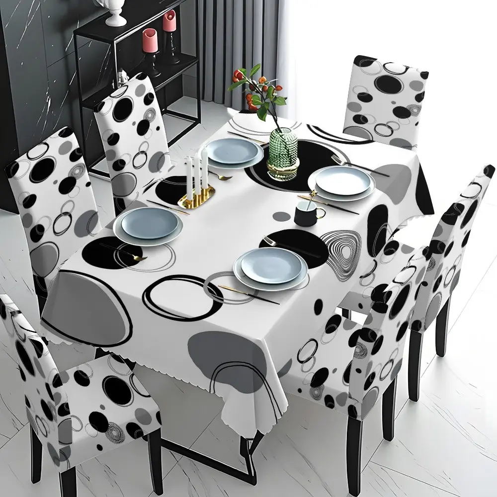 5/7 Pcs Abstract Black White Gray Circle Print Tablecloth & Chair Cover Set, Modern Minimalist Aesthetic Style, Stretch Removable Washable Dining Chair Slipcover, For Family Daily Dining, Holiday Gathering, Party Decor