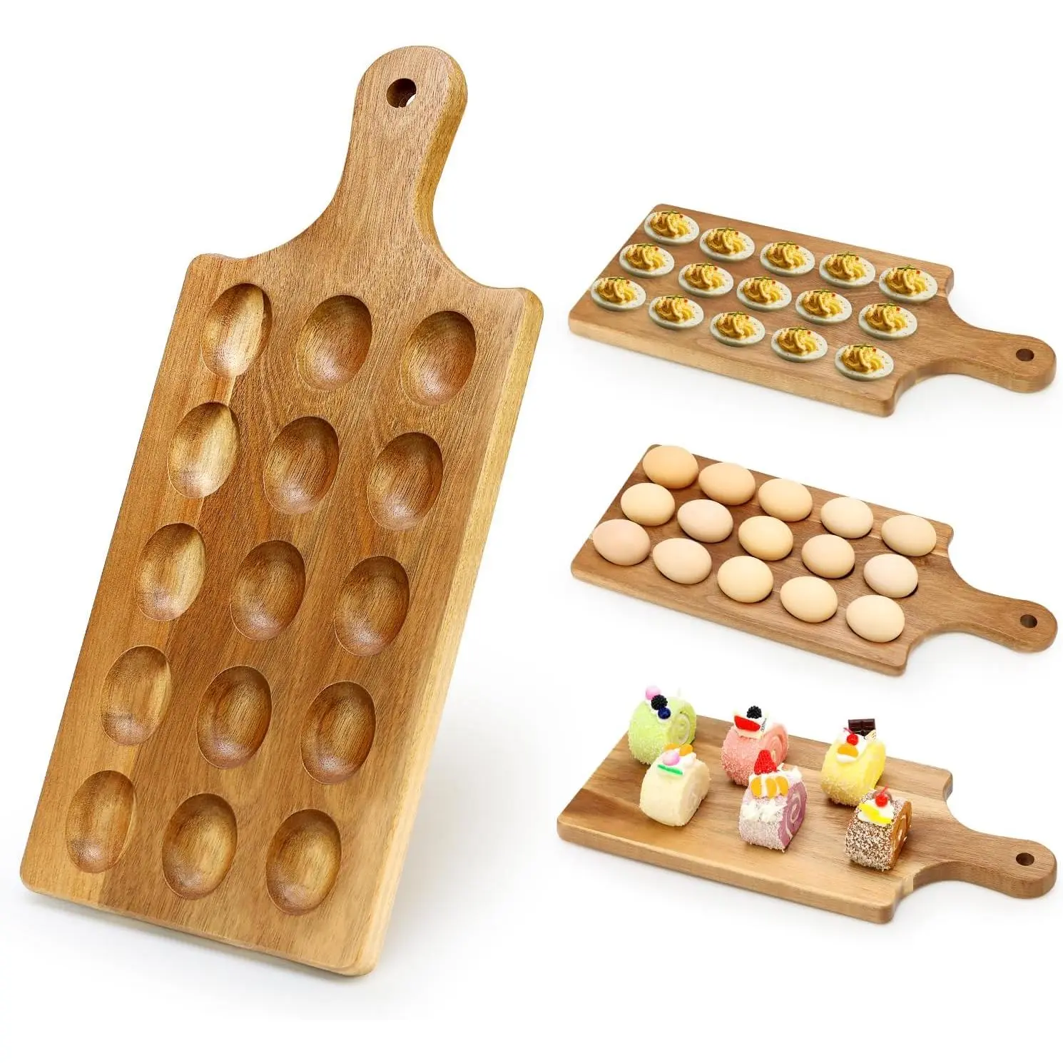 Acacia Wood Egg Platter for Deviled Eggs Container Counter Wooden Charcuterie Board Plates Easter Gift Small Devilled Egg Holder Carrier Cheese Board Hosting Essentials Devil Eggs Dish Serving Tray