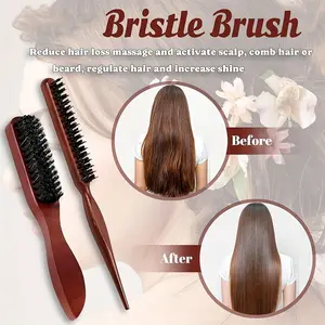 2pcs Boar Bristle Hair Brush, Slick Back Hair Brush for Women Men, Wet Hair Brush, Rat Tail Comb, Beard Brush, Gift for Mom/her