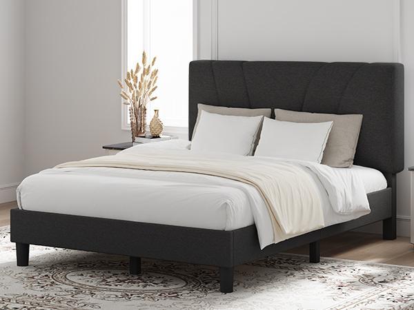 Bed Frame Upholstered Platform Full/Queen/King Bed Frame with Adjustable Headboard, Strong Weight Capacity, No Box Spring Needed, Easy Assembly, Grey Modern Unique Bedroom Furniture