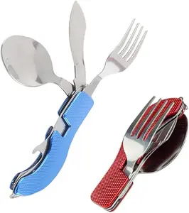 4-in-1 Portable Foldable Utensil Set Compact  Fork Spoon Bottle Opener Kit Stainless Steel Utensils for Camping Hiking Travel (Red + Blue)
