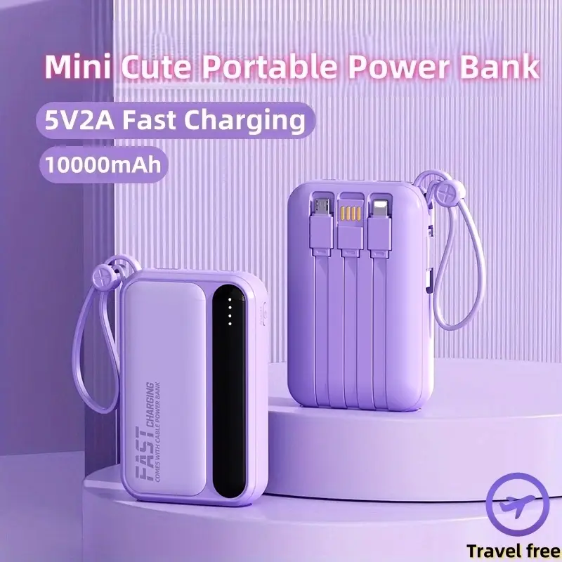 10000mAh Mini Cute 5V2A Fast Charging Power Bank, Small Size Large Capacity, Rechargeable Portable Mobile Phone Charger, Built-in 4 Cables, Outdoor Tr