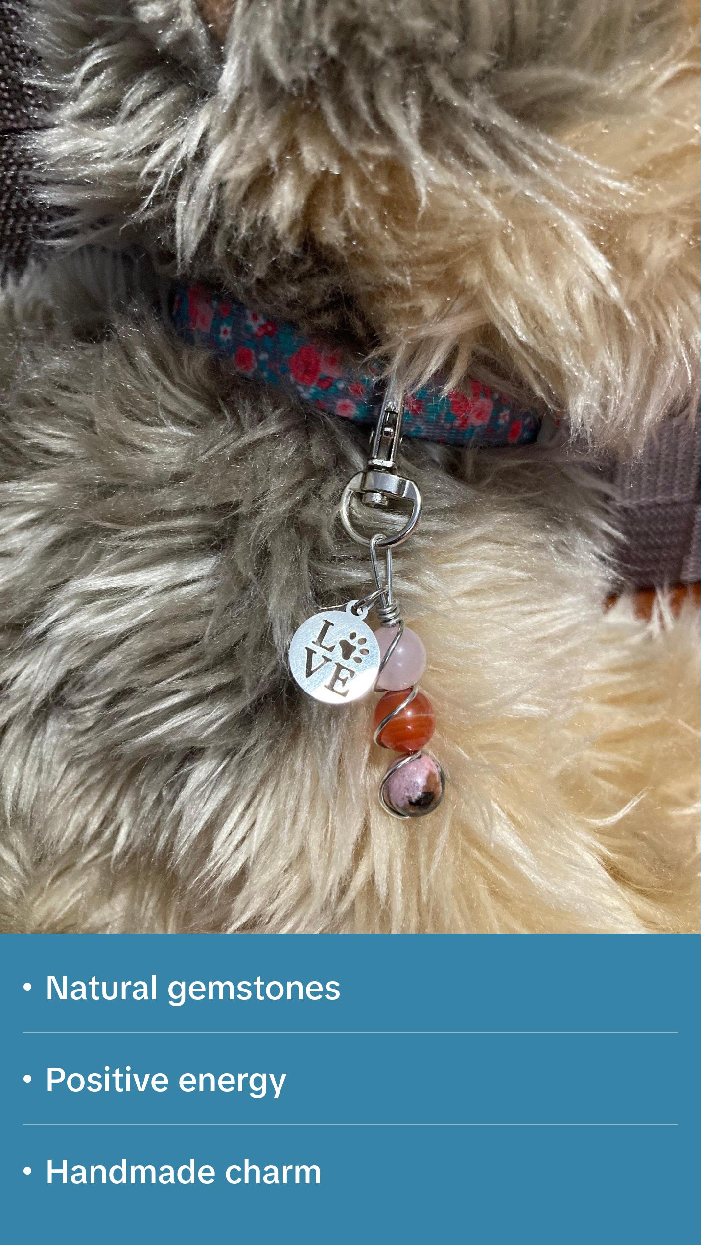 Crystal Healing Pet Charm for Dog Harness or Cat Collar - Rose Quartz - Carnelian - Rhodonite - Key chain