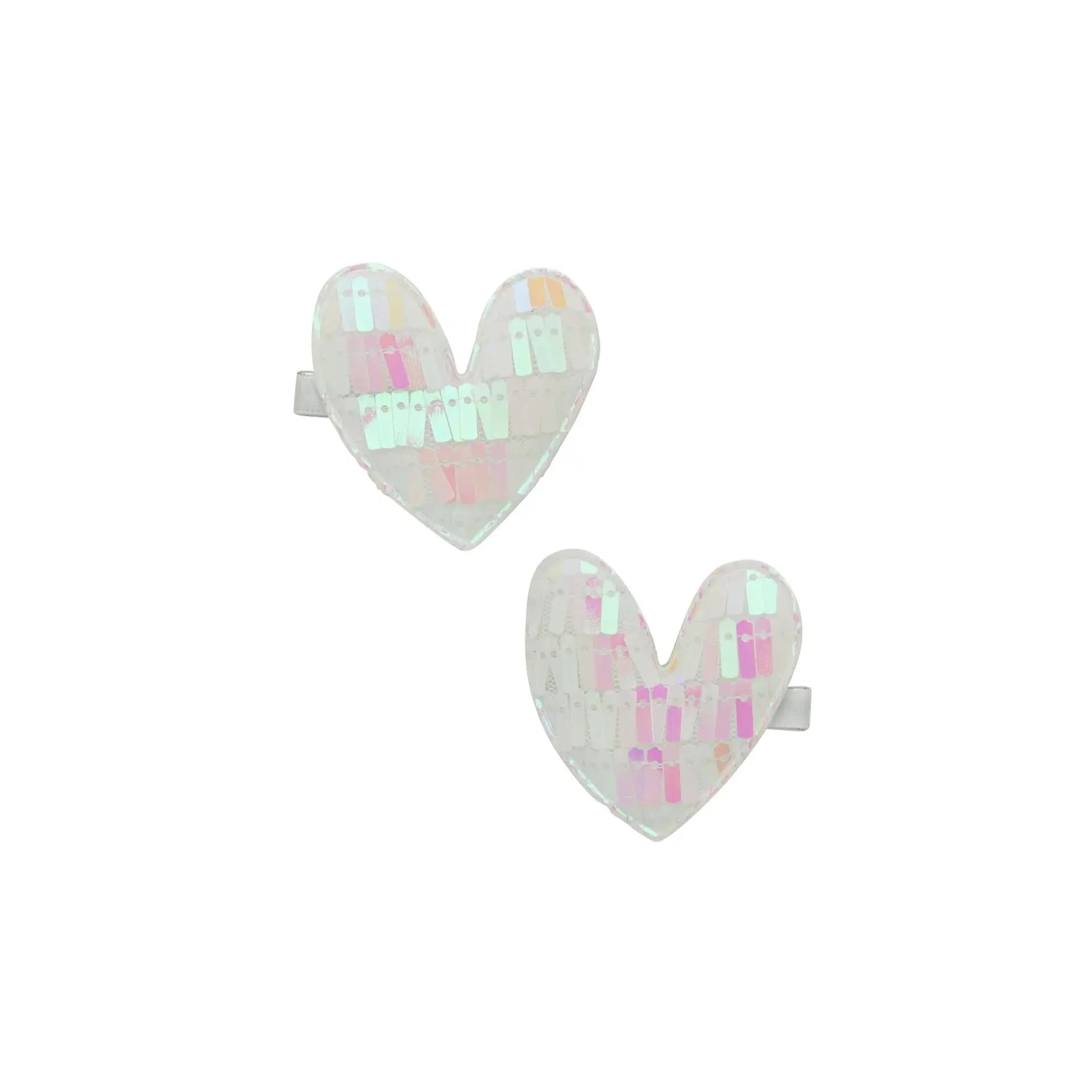 White Sparkle Sequin Heart Hair Clips - Set of 2