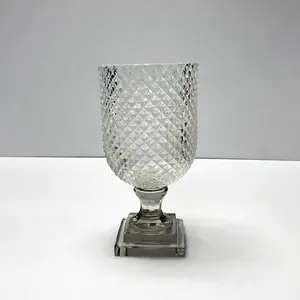 Embossed Diamond Cut Clear Glass Urn Vessel Elegant Footed Pedestal Vase