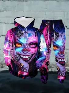 Fashion Anime Style 3D Print Hoodie Set, Sporty Long Sleeve Hoodie and Pants, Fall & Winter Knitwear, Ankle Length, Natural Waist