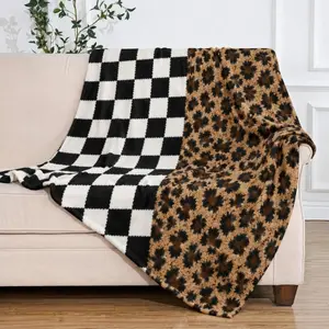 Edgy Y2K Home Decor Throw Half Checkerboard Half Leopard Plush Blanket, 1 Count Soft Cozy Warm All-Season Blanket, Nap Blanket for Couch Sofa Bedroom Living Room